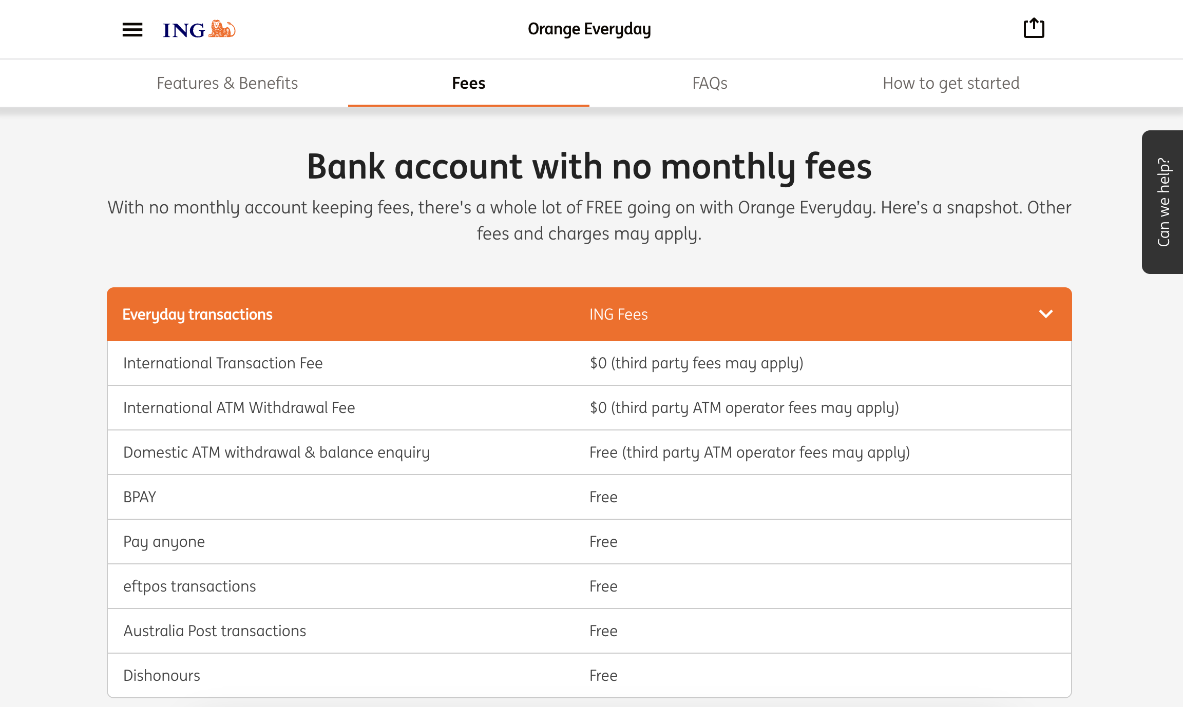 ING Orange Everyday 帳戶費用表：國際交易手續費、國際 ATM 提款費皆為 $0