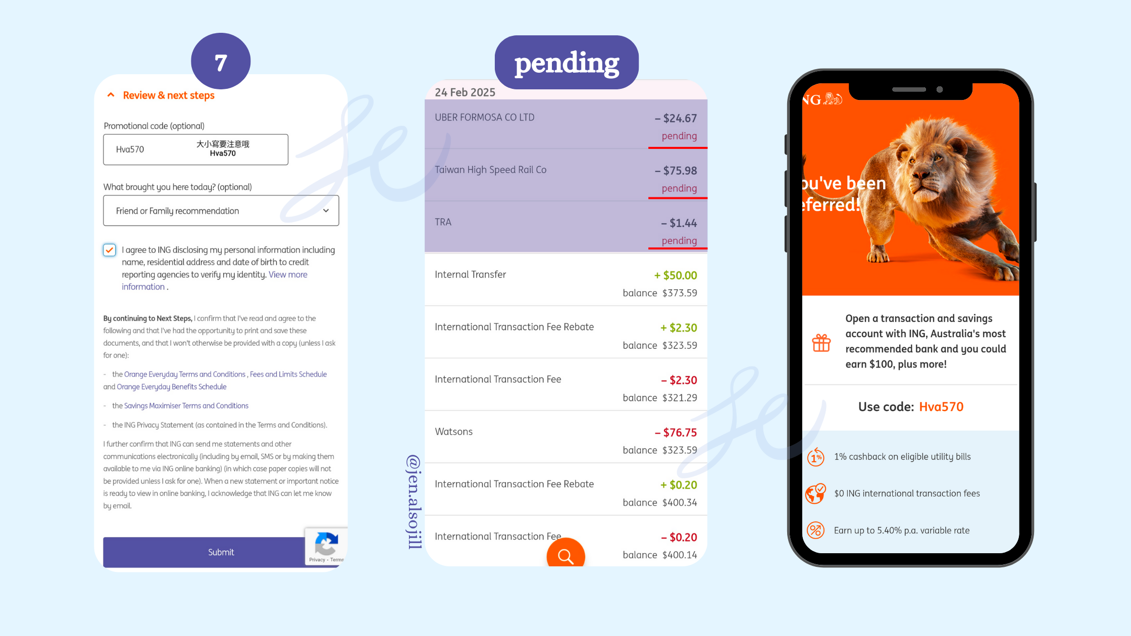 ING 開戶教學步驟 7：填入推薦碼 Hva570，以及交易紀錄中 pending 狀態的示範
